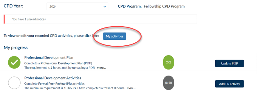 Screenshot from MyCPD indicating where the MyActivities button is